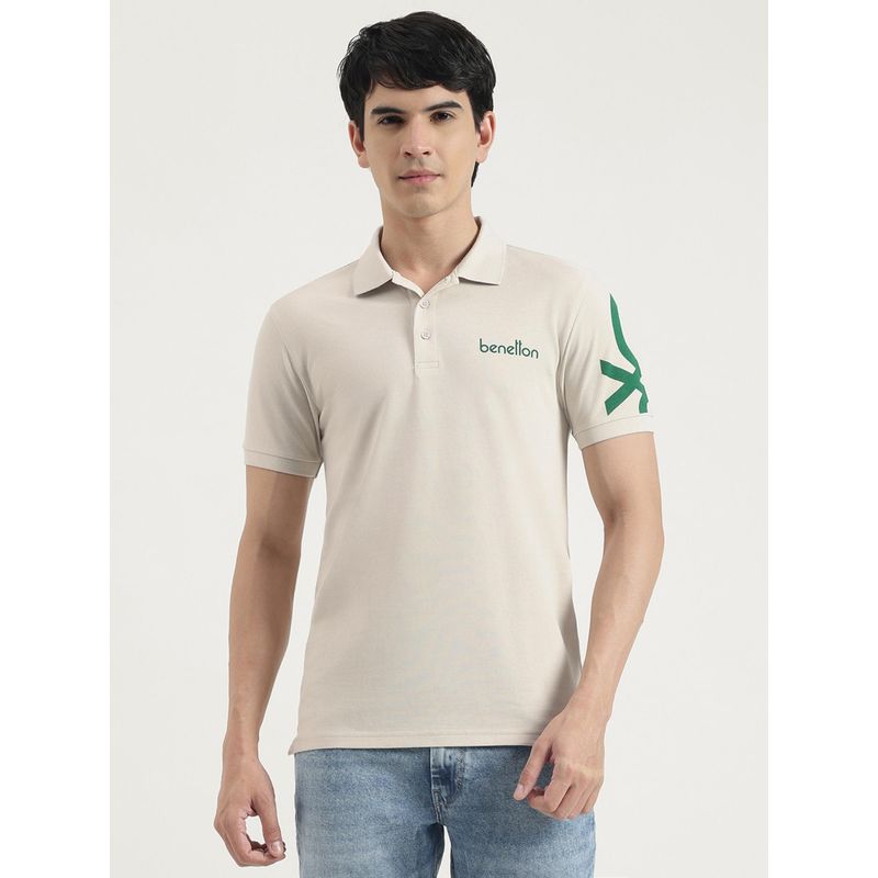 United Colors of Benetton Men Off White Polycotton Printed Collar Neck Polo T-shirt (XL)