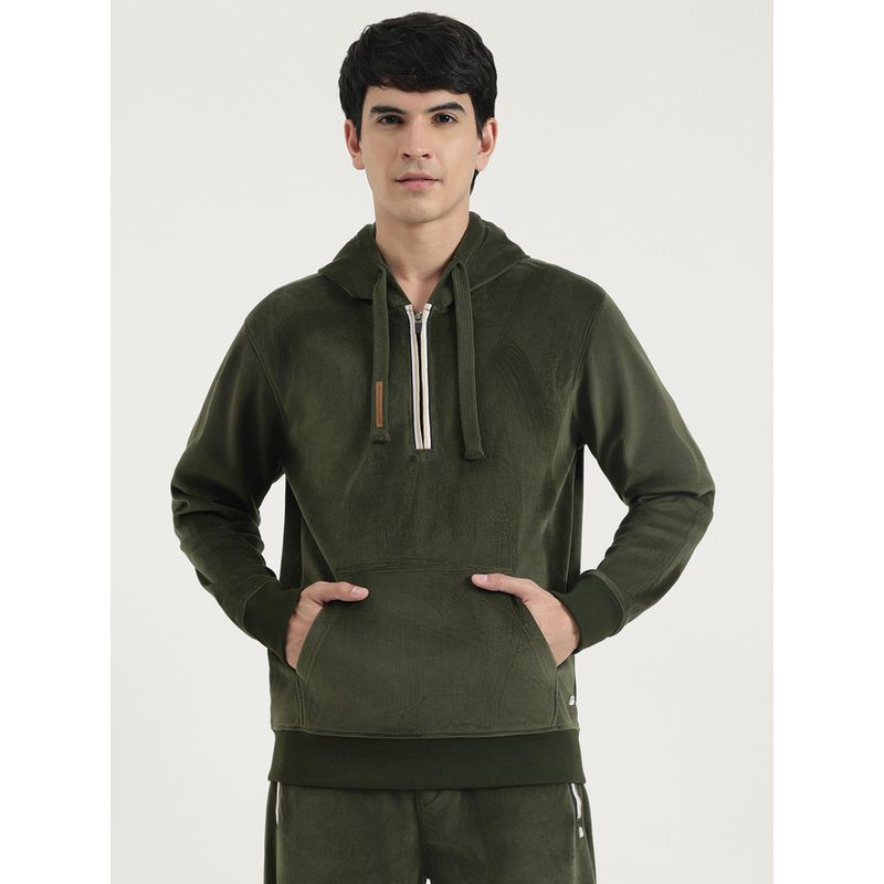 United Colors of Benetton Men Olive Polyester Textured Hooded Hoodie (XL)