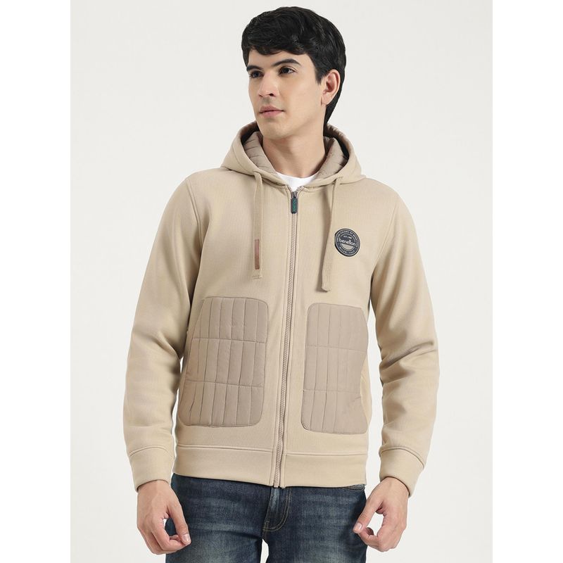 United Colors of Benetton Men Beige Polyester Textured Hooded Hoodie (XL)