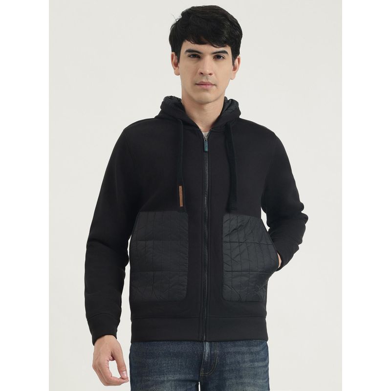 United Colors of Benetton Men Black Polyester Textured Hooded Hoodie (XL)