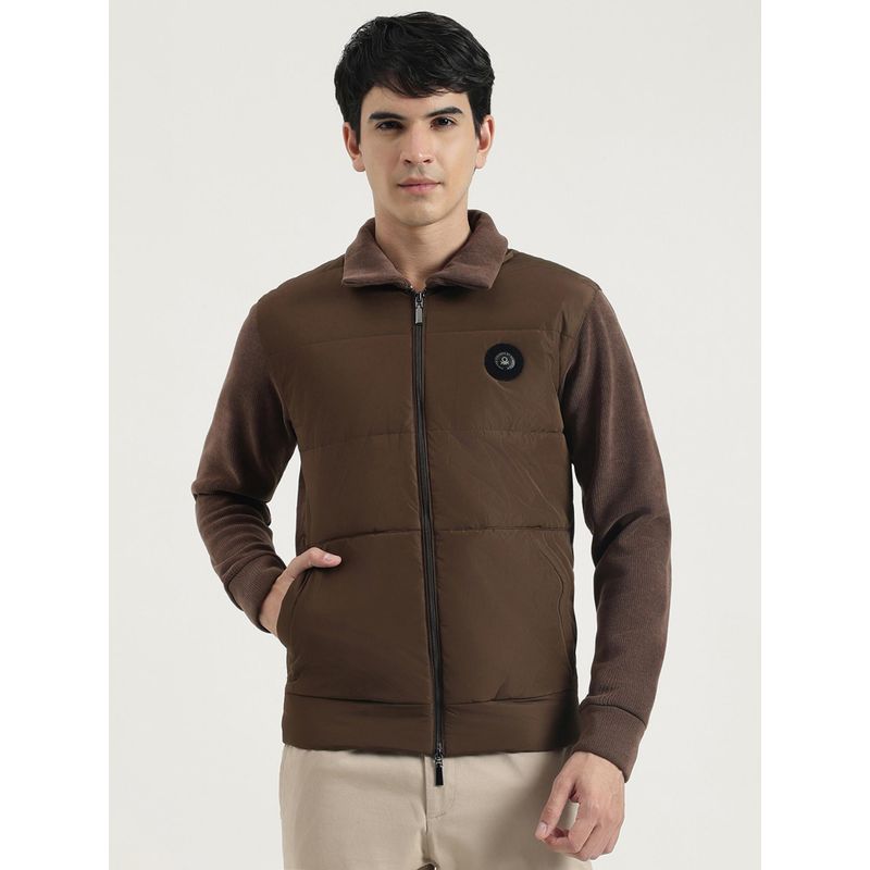 United Colors of Benetton Men Brown Polyester Textured Collar Neck Sweatshirt (L)