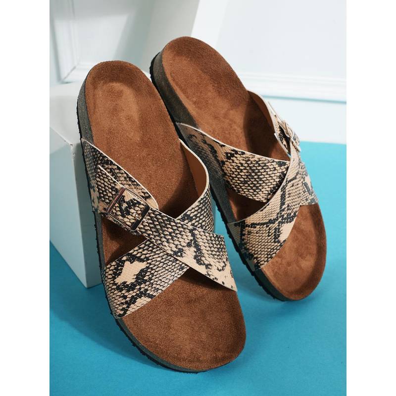MOZAFIA Beige Printed Arch Support Cork Sandals for Women (UK 7)
