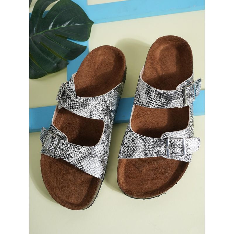 MOZAFIA Python Glitter Silver Arch Support Cork Sandals for Women (UK 4)