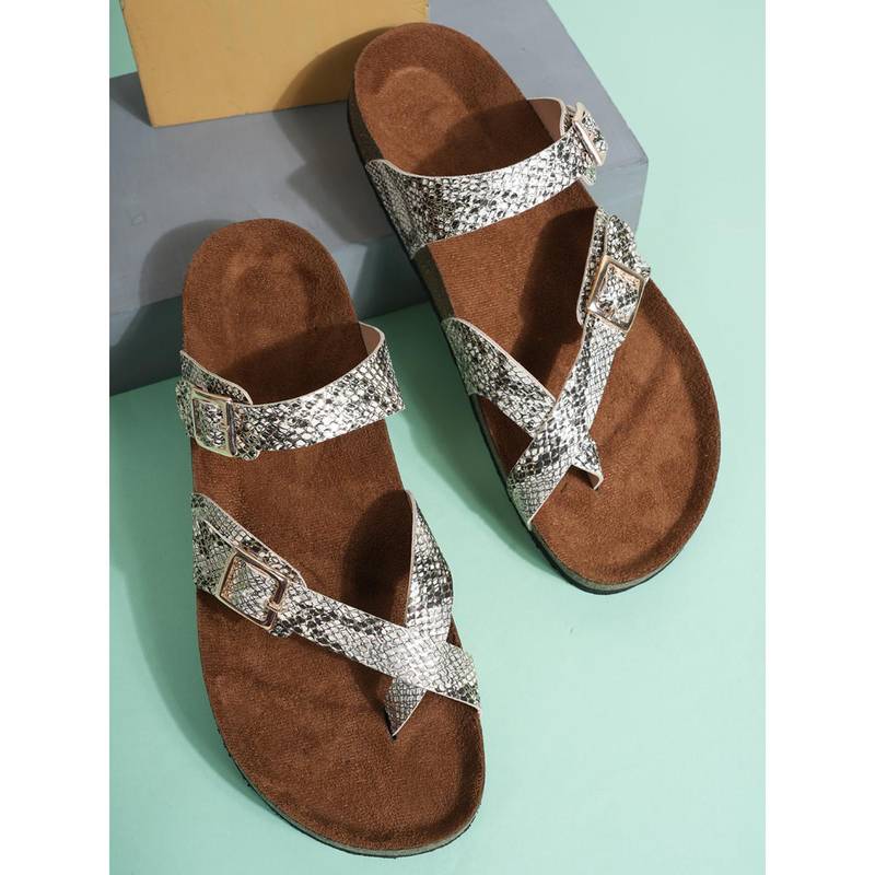 MOZAFIA Python Glitter Gold Textured Arch Support Cork Sandals for Women (UK 8)