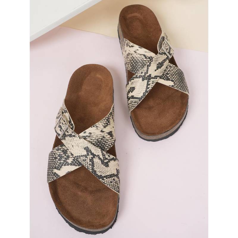 MOZAFIA Cream Printed Arch Support Cork Sandals for Women (UK 8)