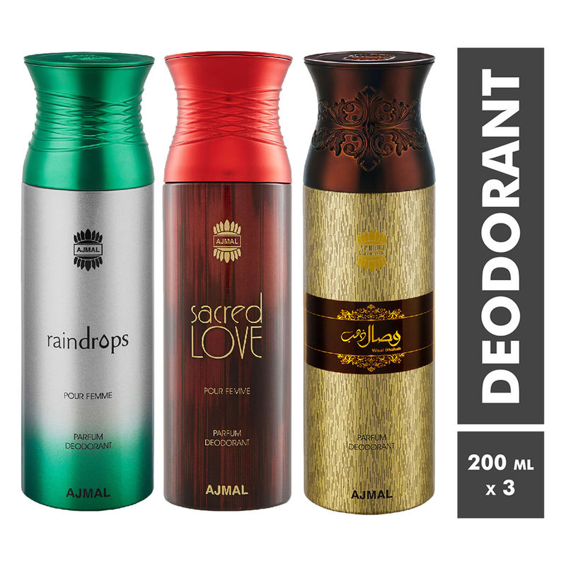 Ajmal Raindrops Sacred Love Wisal Dhahab Parfum Deodorant For Men Women Pack Of 3