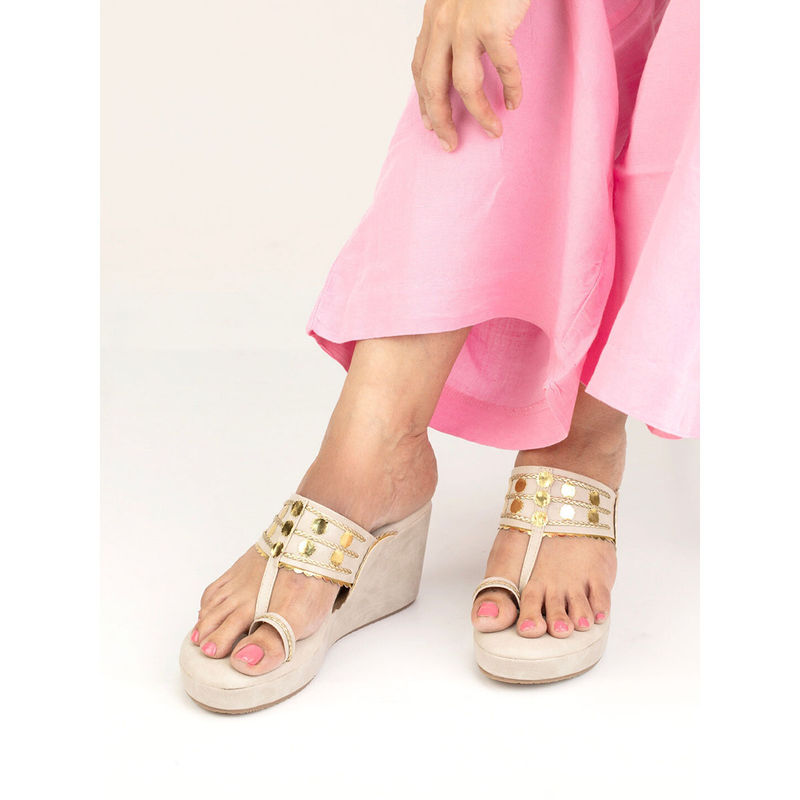 Tic Tac Toe Golden Tikli Beige Kolhapuri Wedges (EURO 38)