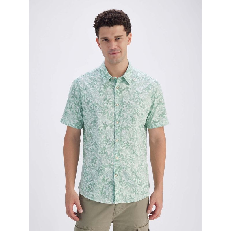 Pepe Jeans Mens Green Floral Print Collar Half Sleeves Regular Fit Shirt (L)