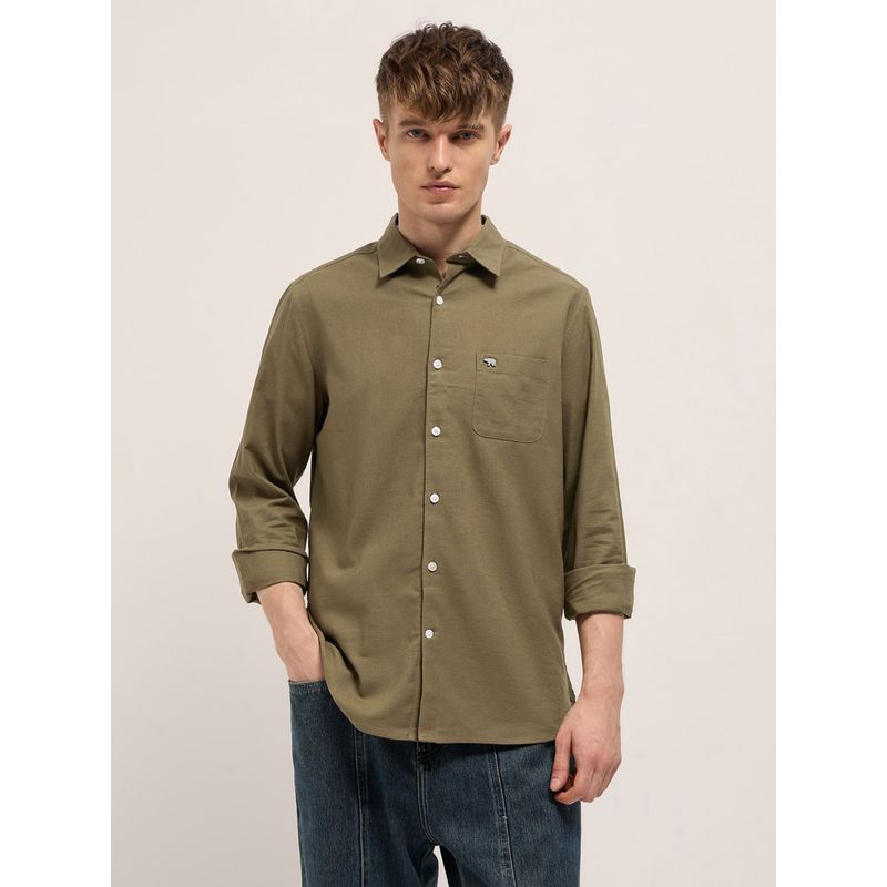 THE BEAR HOUSE Mens Khaki Slim Fit Solid Casual Shirt (M)