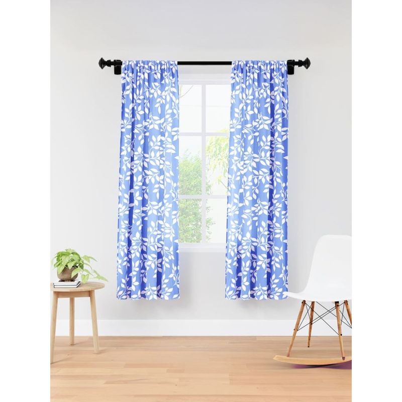 Encasa Homes Window Curtain Polyester Printed with Rod Pocket, Reverse Leaf Blue (5 feet)