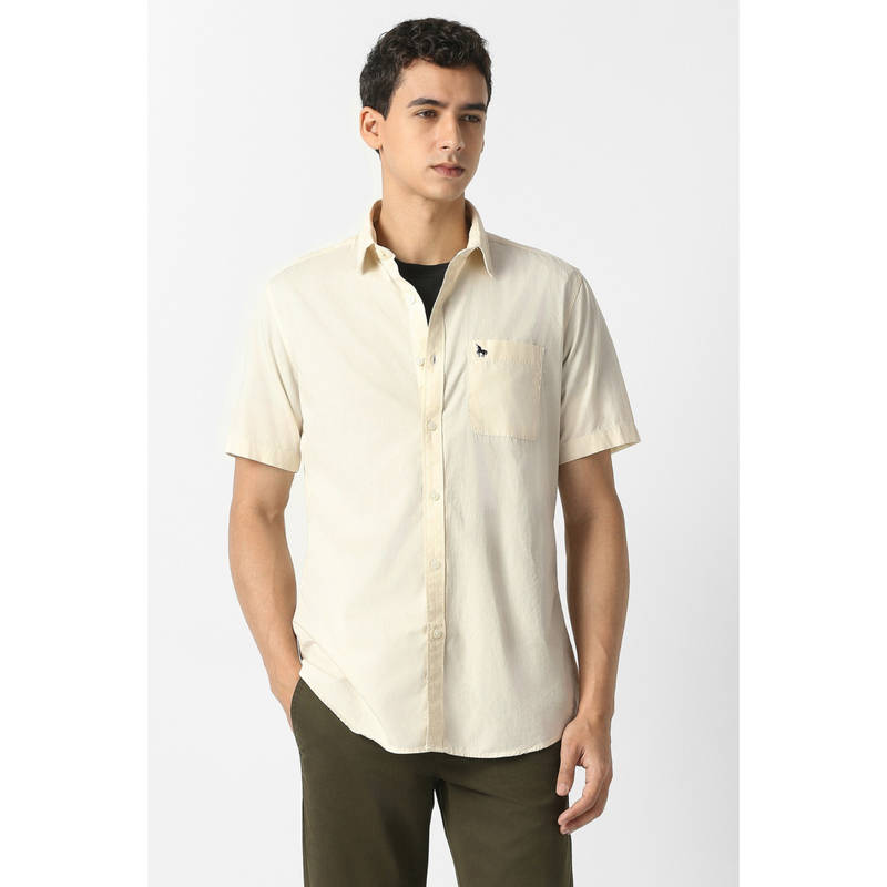 Van Heusen Men Beige Solid Half Sleeves Casual Shirt (39)