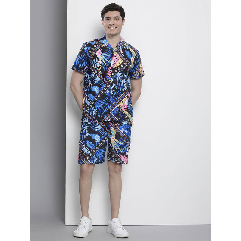 The Indian Garage Co Blue Men's Regular Fit Tropical Printed Shirt and Shorts (Set of 2) (S)