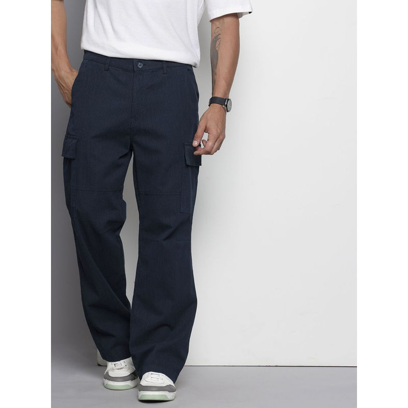 The Indian Garage Co Navy Blue Men's Relaxed Fit Geometric Print Mid-Rise Stretchable Cargo (32)