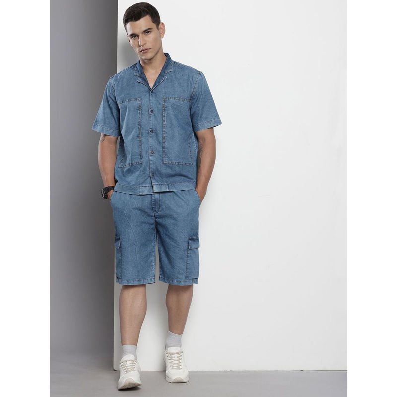 The Indian Garage Co Blue Men's Boxy Fit Solid Denim Shirt and Shots (Set of 2) (M)