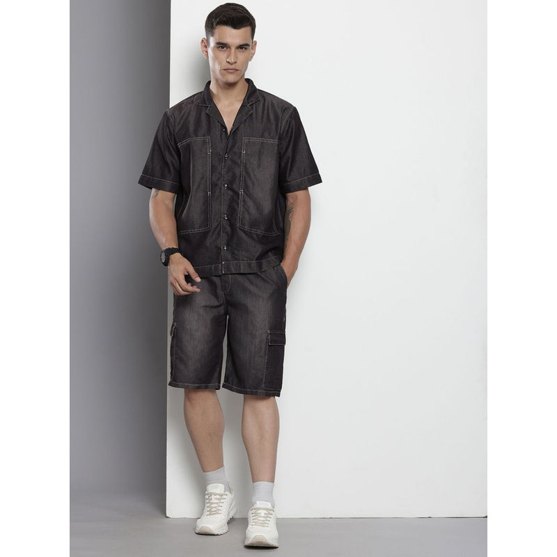 The Indian Garage Co Black Men's Boxy Fit Solid Denim Shirt and Shots (Set of 2) (XL)