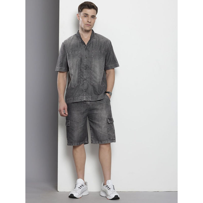 The Indian Garage Co Grey Men's Boxy Fit Solid Denim Shirt and Shots (Set of 2) (S)