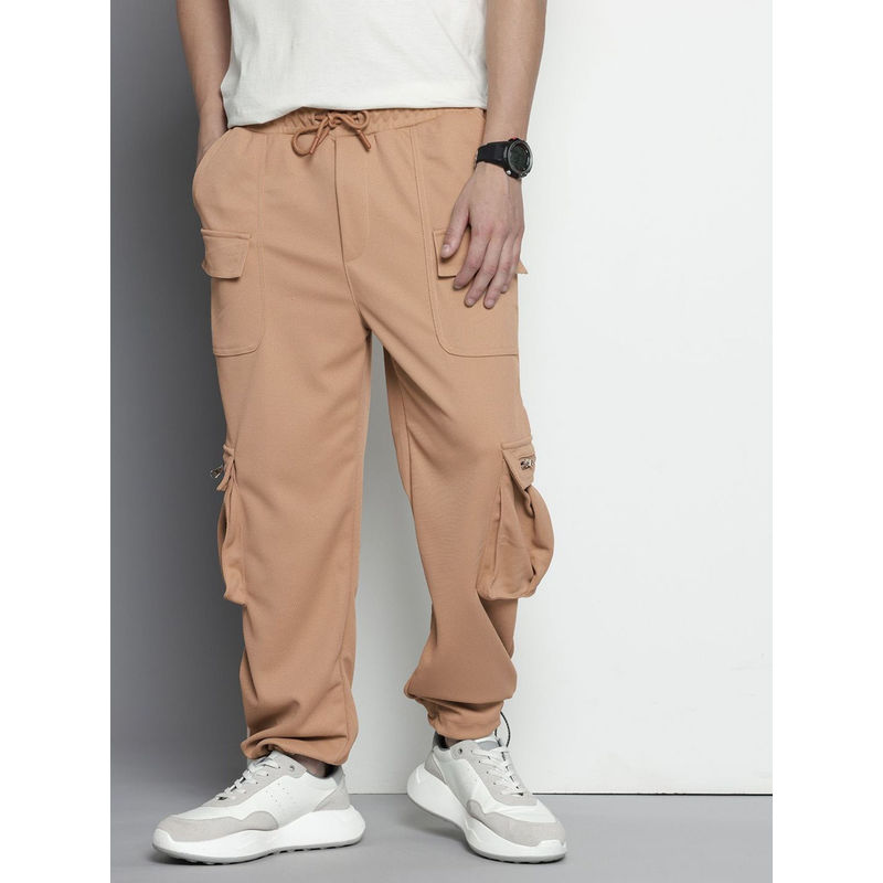 The Indian Garage Co Brown Men's Relaxed Fit Textured Mid-Rise Knitted Joggers (S)