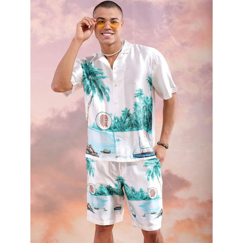The Indian Garage Co White Men's Regular Fit Tropical Printed Shirt and Shorts (Set of 2) (L)