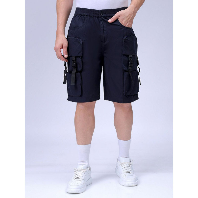 The Indian Garage Co Navy Blue Men's Relaxed Fit Solid Mid-Rise Cargo Shorts (28)