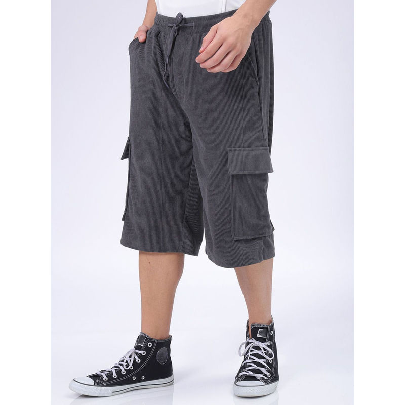 The Indian Garage Co Grey Men's Loose Fit Textured Mid-Rise Cargo Shorts (36)
