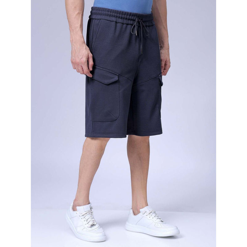 The Indian Garage Co Navy Blue Men's Relaxed Fit Textured Mid-Rise Cargo Shorts (30)