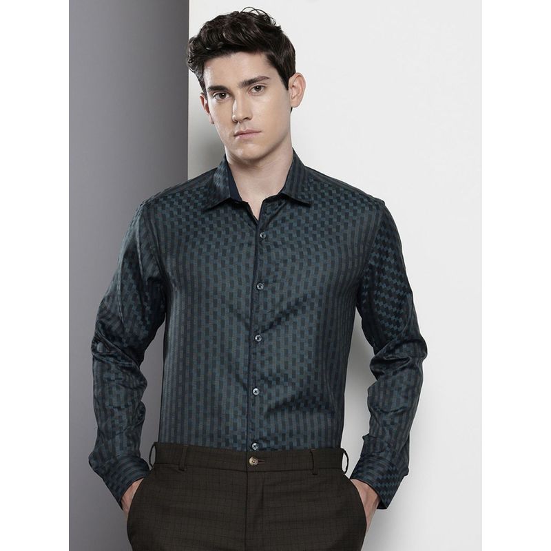 The Indian Garage Co Men Slim Fit Checked Full Sleeves Cutaway Green Formal Shirt (S)