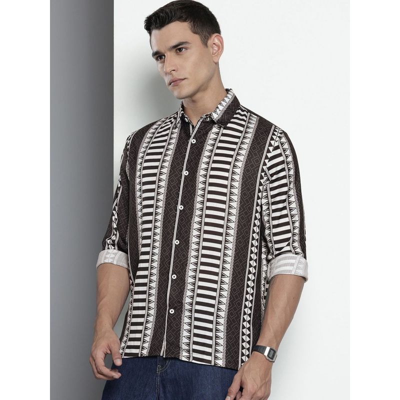 The Indian Garage Co Men Relaxed Fit Printed Full Sleeves Cutaway Black Casual Shirt (S)