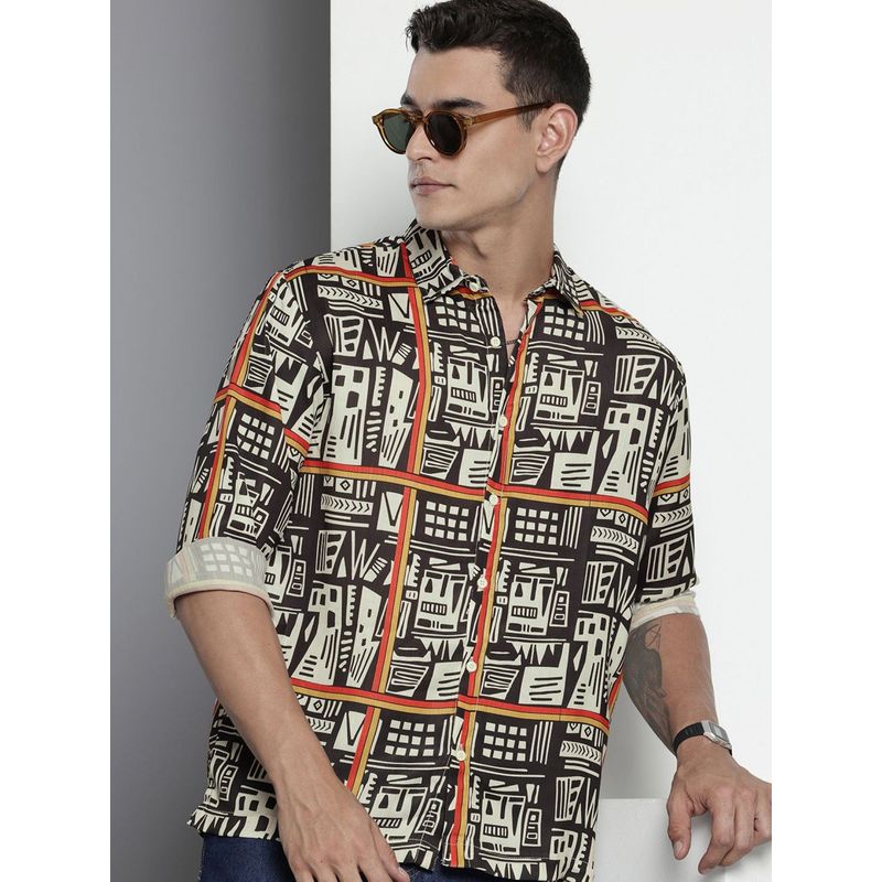 The Indian Garage Co Men Relaxed Fit Printed Full Sleeves Cutaway Beige Casual Shirt (S)