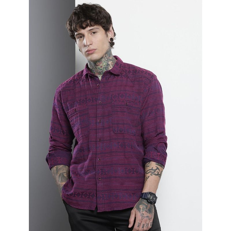 The Indian Garage Co Men Relaxed Fit Printed Full Sleeves Cutaway Wine Casual Shirt (S)