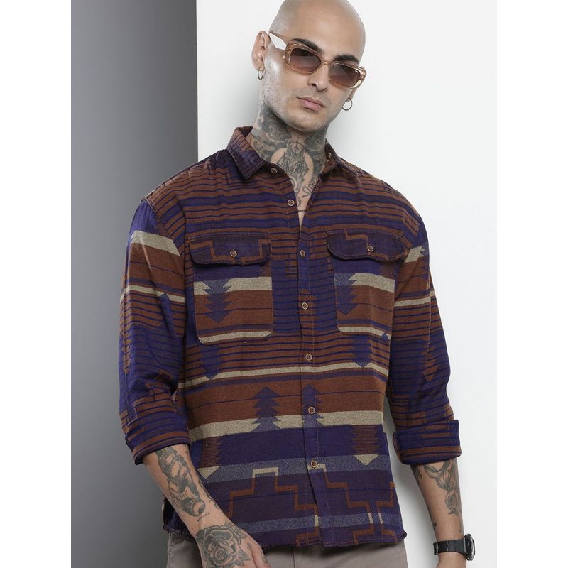 The Indian Garage Co Men Relaxed Fit Printed Full Sleeves Cutaway Brown Casual Shirt (S)