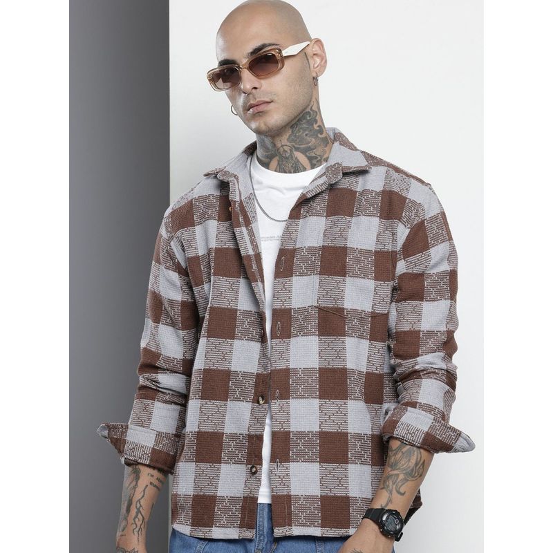 The Indian Garage Co Men Relaxed Fit Checked Full Sleeves Cutaway Brown Casual Shirt (S)