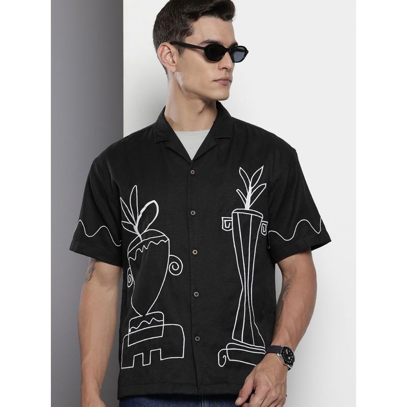 The Indian Garage Co Men Relaxed Fit Embroidered Half Sleeves Cuban Black Casual Shirt (L)