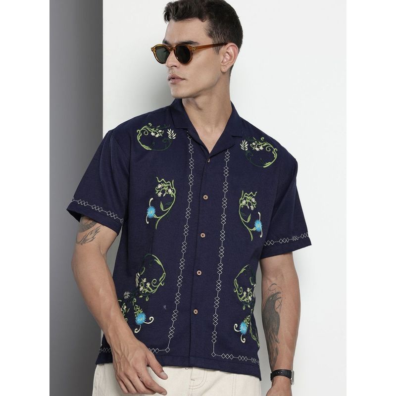 The Indian Garage Co Men Relaxed Fit Embroidered Half Sleeves Cuban Blue Casual Shirt (M)