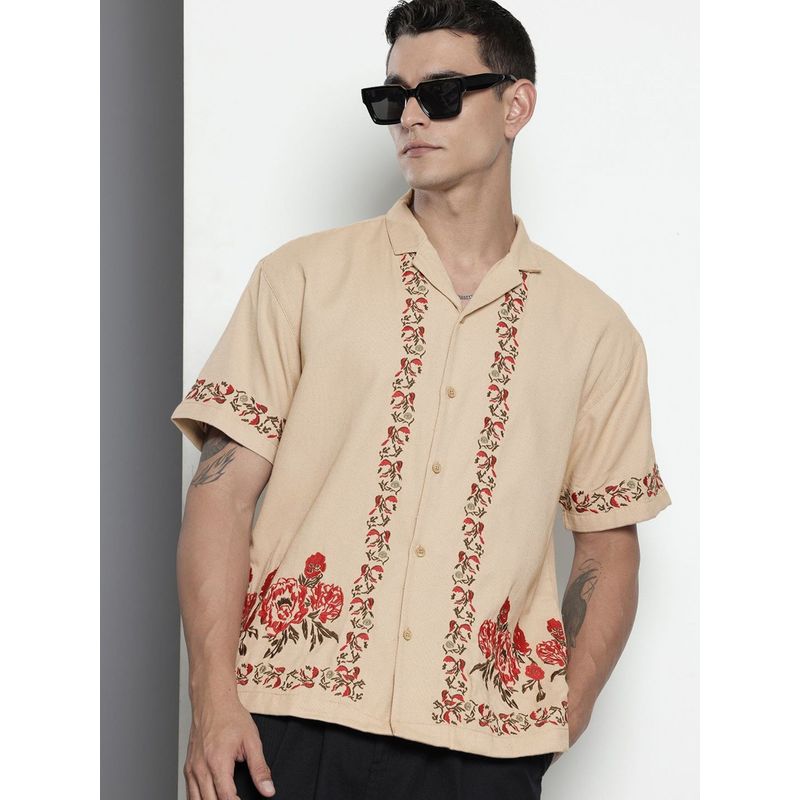 The Indian Garage Co Men Relaxed Fit Embroidered Half Sleeves Cuban Beige Casual Shirt (L)
