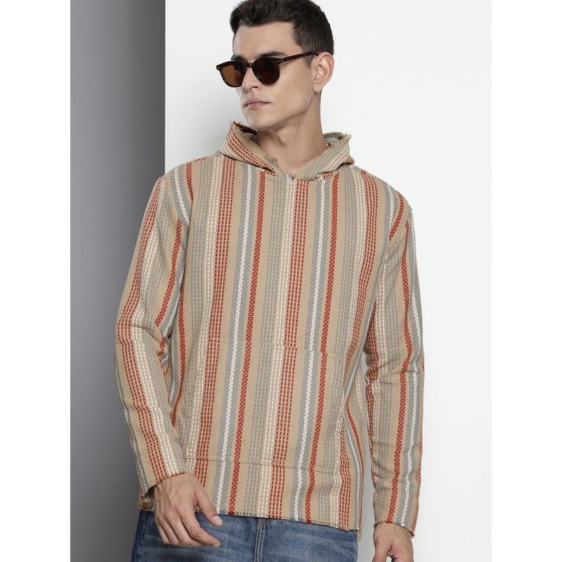 The Indian Garage Co Men Relaxed Fit Vertical Striped Full Sleeves Beige Hoodie (S)
