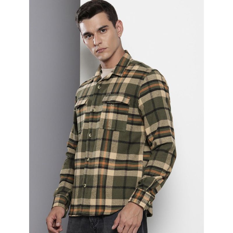 The Indian Garage Co Men Regular Fit Checked Full Sleeves Cutaway Green Casual Shirt (S)