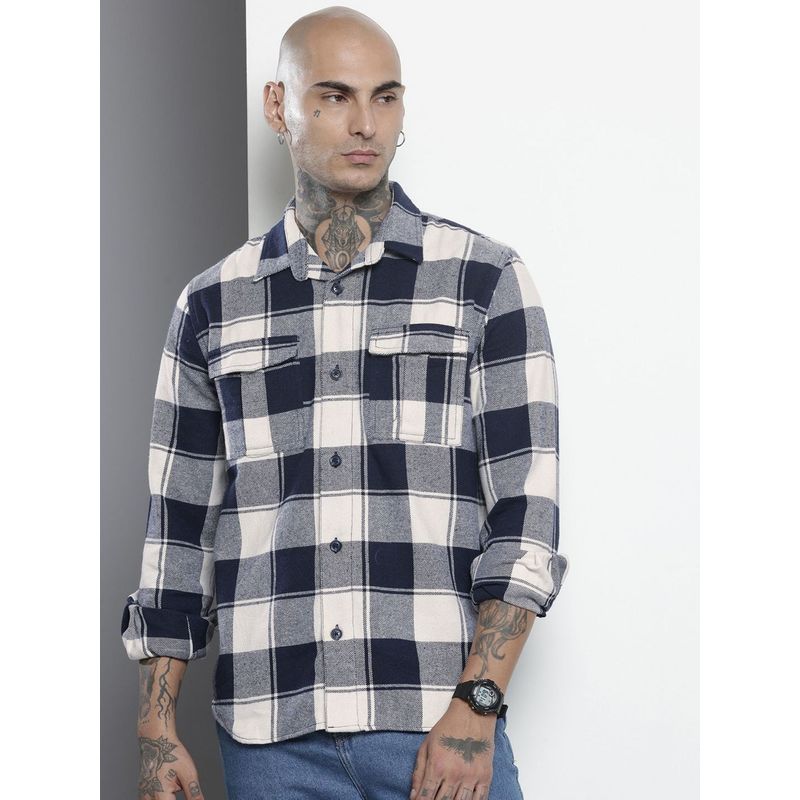 The Indian Garage Co Men Regular Fit Checked Full Sleeves Cutaway Navy Blue Casual Shirt (S)