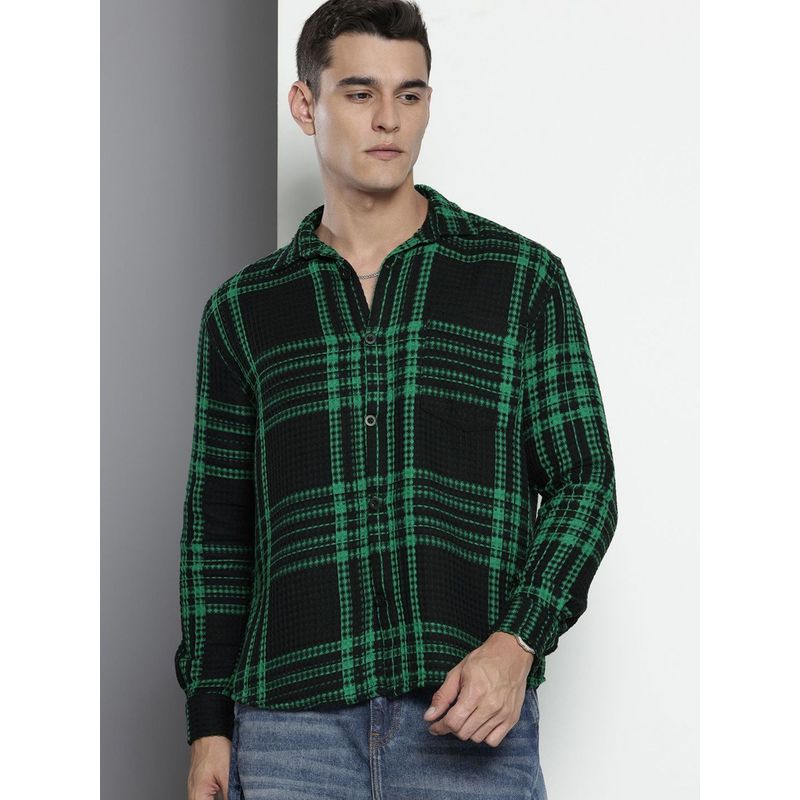 The Indian Garage Co Men Relaxed Fit Textured Full Sleeves Cutaway Black Casual Shirt (S)