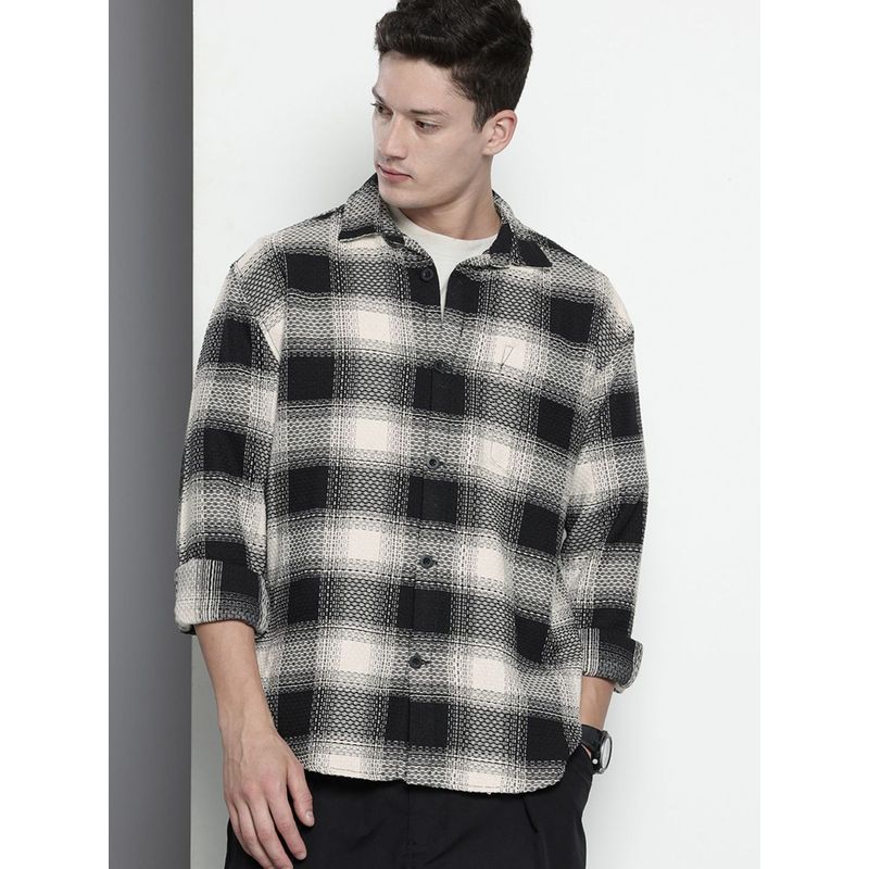 The Indian Garage Co Men Relaxed Fit Textured Full Sleeves Cutaway Black Casual Shirt (S)