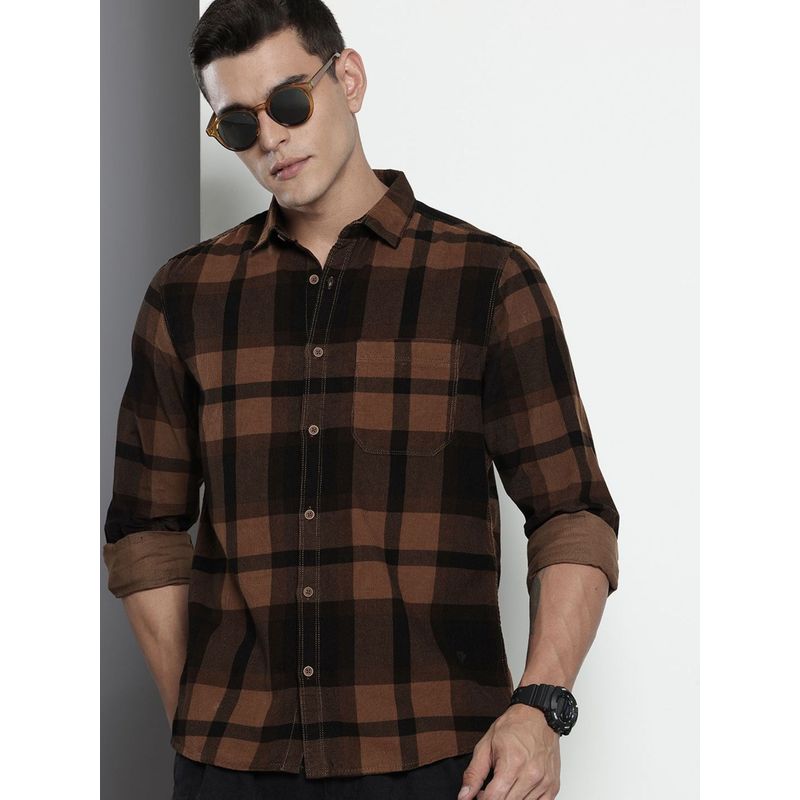 The Indian Garage Co Men Regular Fit Checked Full Sleeves Cutaway Brown Casual Shirt (S)