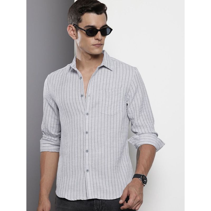 The Indian Garage Co Men Slim Fit Striped Full Sleeves Cutaway Grey Casual Shirt (M)