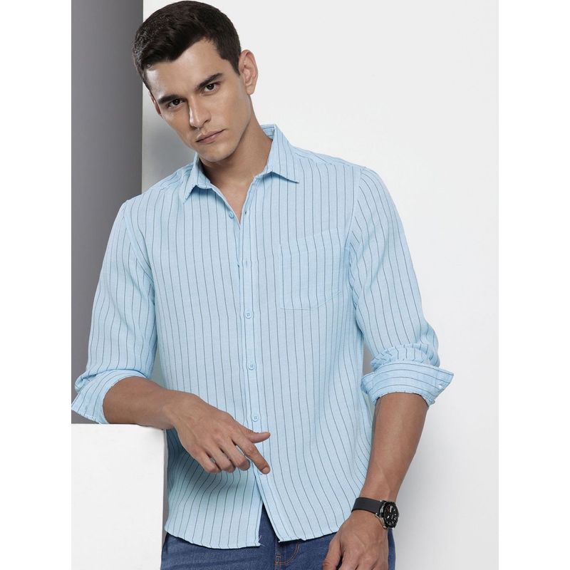 The Indian Garage Co Men Slim Fit Striped Full Sleeves Cutaway Blue Casual Shirt (L)