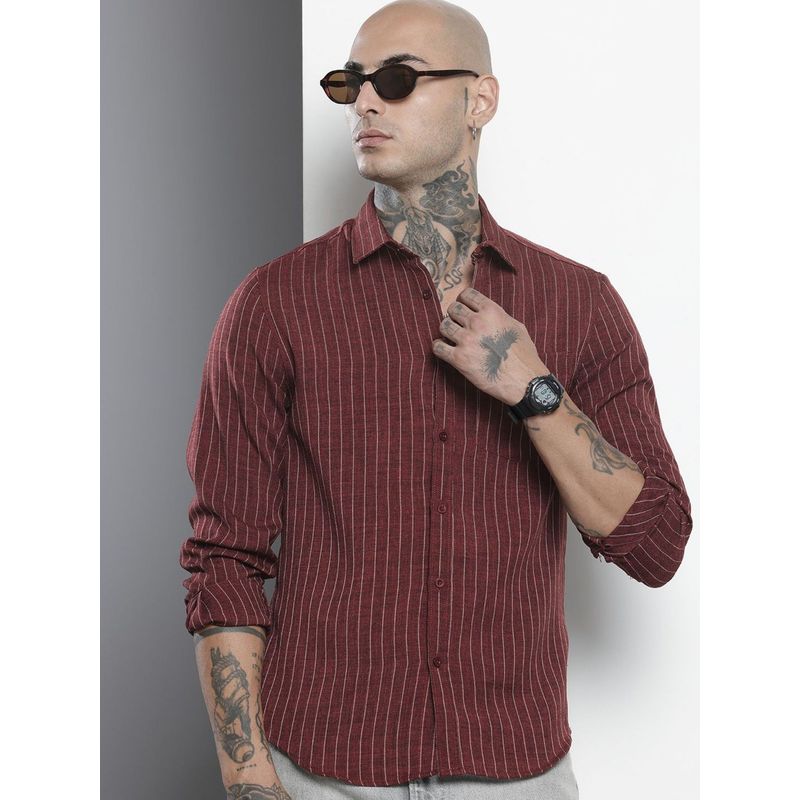 The Indian Garage Co Men Slim Fit Striped Full Sleeves Cutaway Maroon Casual Shirt (L)