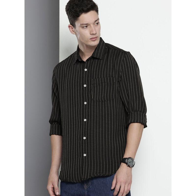 The Indian Garage Co Men Slim Fit Striped Full Sleeves Cutaway Black Casual Shirt (2XL)