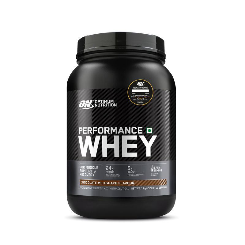 Optimum Nutrition Performance Whey Protein Powder, 24g Protein, 5g BCAA   Chocolate Milkshake