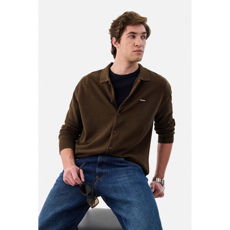 Snitch Brown Textured Full Sleeves Regular Semi Formal Shirt for Men (2XL)