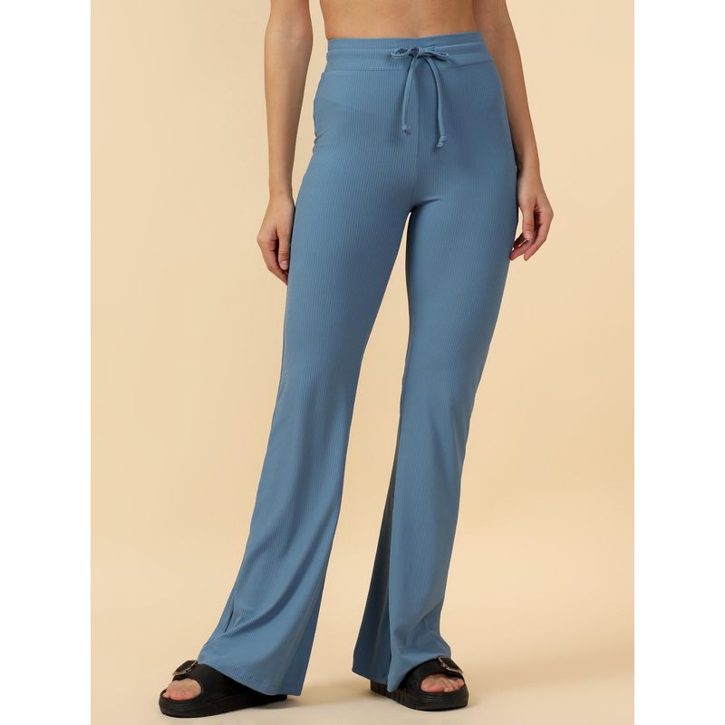Fitkin Luxe Women Blue Ribbed Bootcut Track Pant (S)