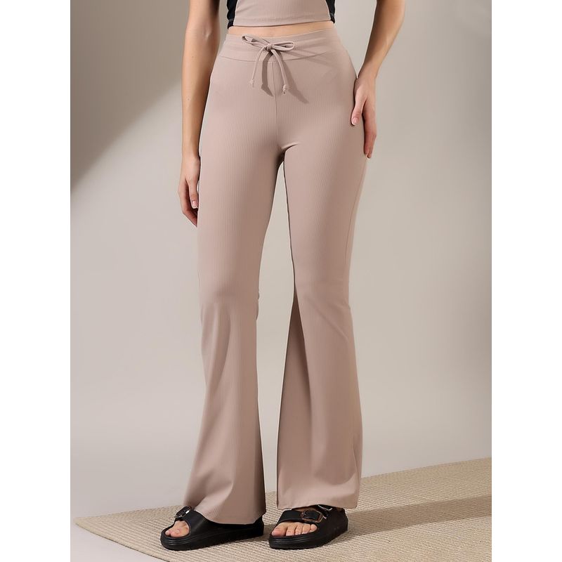 Fitkin Luxe Women Beige Ribbed Bootcut Track Pant (M)