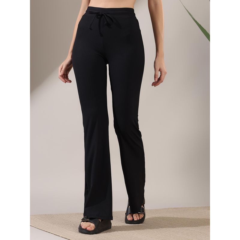 Fitkin Luxe Women Black Ribbed Bootcut Track Pant (S)