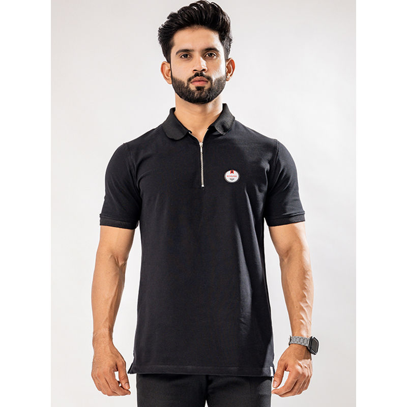 ROYALTAIL Stylish Black Collar Neck Half Sleeves With Zipper Premium Cotton Polo T-shirt For Men (S)